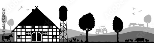 Farm agriculture landscape background banner panorama vector illustration - Black silhouette of farmhouse, animals, trees and tractor on field, isolated on white background