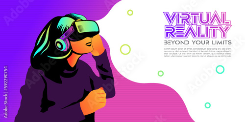 Young girl wearing virtual or augmented reality glasses. vr world with neon Shape wallpaper template