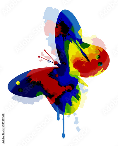 Butterfly with splaterrs. Illustration of colorful silhouette of butterfly. Imitation of watercolors painting. Isolated on white background.