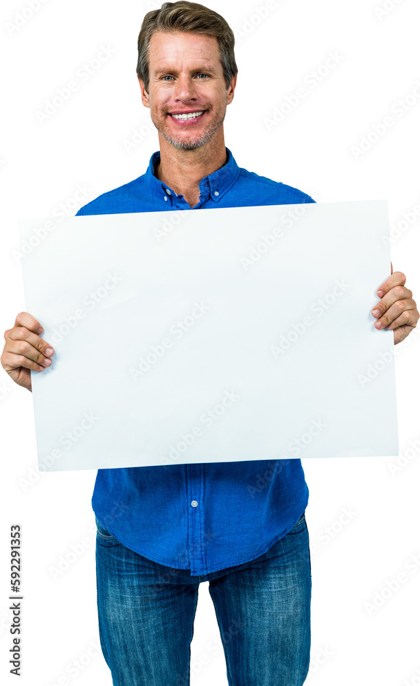 Happy man holding placard Happy man holding placard