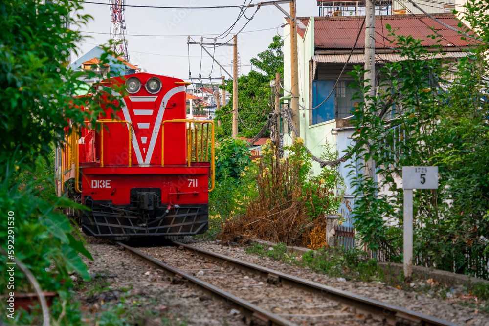Railway and train in Ho Chi Minh City. Selective focus