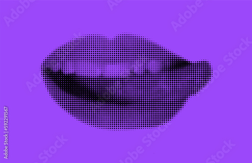 Lick your lip with your tongue. Seduce. Retro halftone effect. Stylized lips. Human mouth silhouette. carved mouth; against a bright background. Modern print. Get the tongue