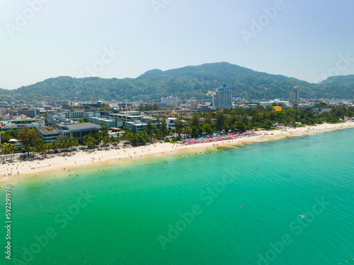 Phuket Thailand March 2023,Aerial view beautiful Patong Beach in Phuket Thailand, Landscape of patong city phuket in sunny summer day time, Beautiful tropical sea,High angle view Sea beach