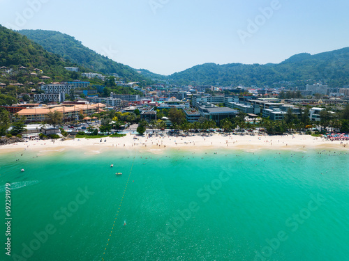 Phuket Thailand March 2023 Aerial view beautiful Patong Beach in Phuket Thailand  Landscape of patong city phuket in sunny summer day time  Beautiful tropical sea High angle view Sea beach