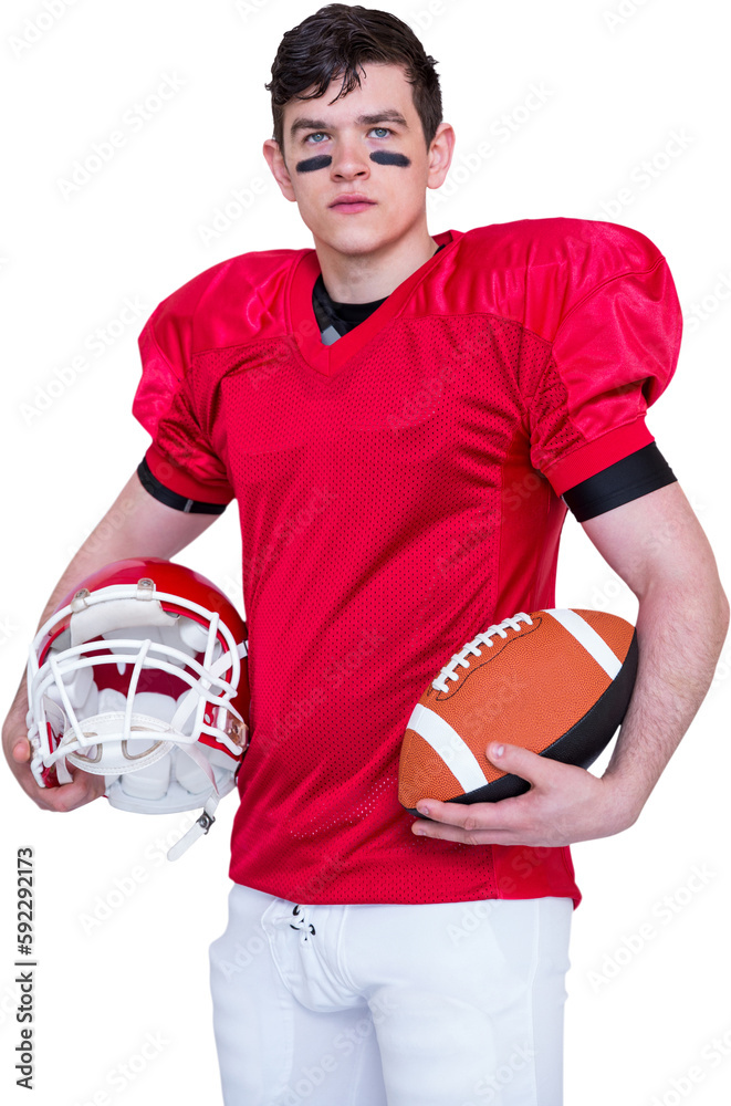 American football player holding helmet and a ball