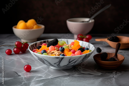Cereal in bowl and mixed fruit on marble background