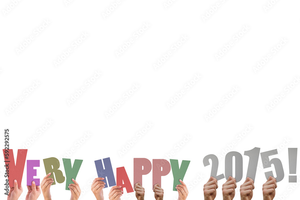 Colorful alphabet spelling very happy 2015 held up by people Colorful alphabet spelling very happy 2015 held up by people