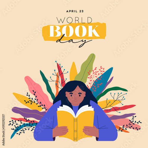 World book day girl reading book green plant leaf card concept illustration