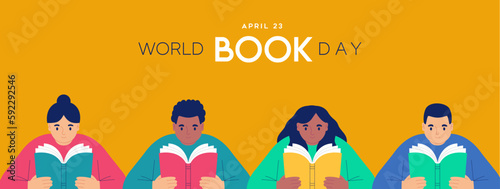 World book day diverse children reading book concept card illustration