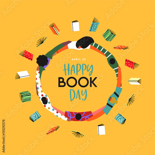 World book day colorful books and friend people group hug circle cartoon card illustration