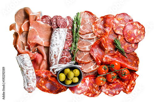 Spanish cold meat assortment. Chorizo, fuet, LOMO, jamon Iberico, olives.  Isolated, transparent background photo