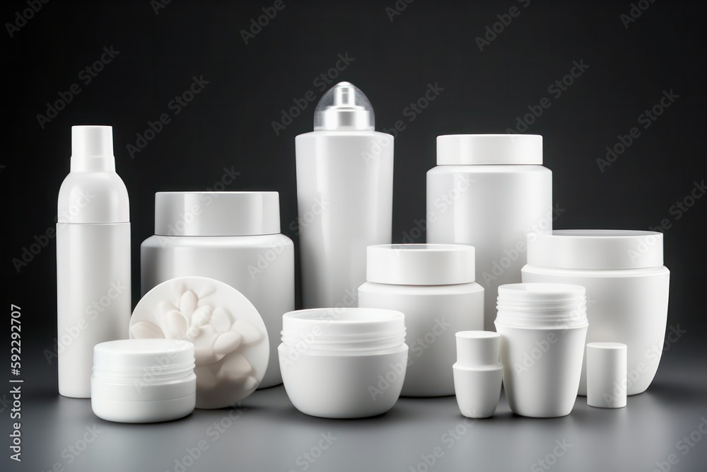 empty white plastic containers for cosmetic products on a black background. Generative AI empty white plastic containers for cosmetic products on a black background. Generative AI