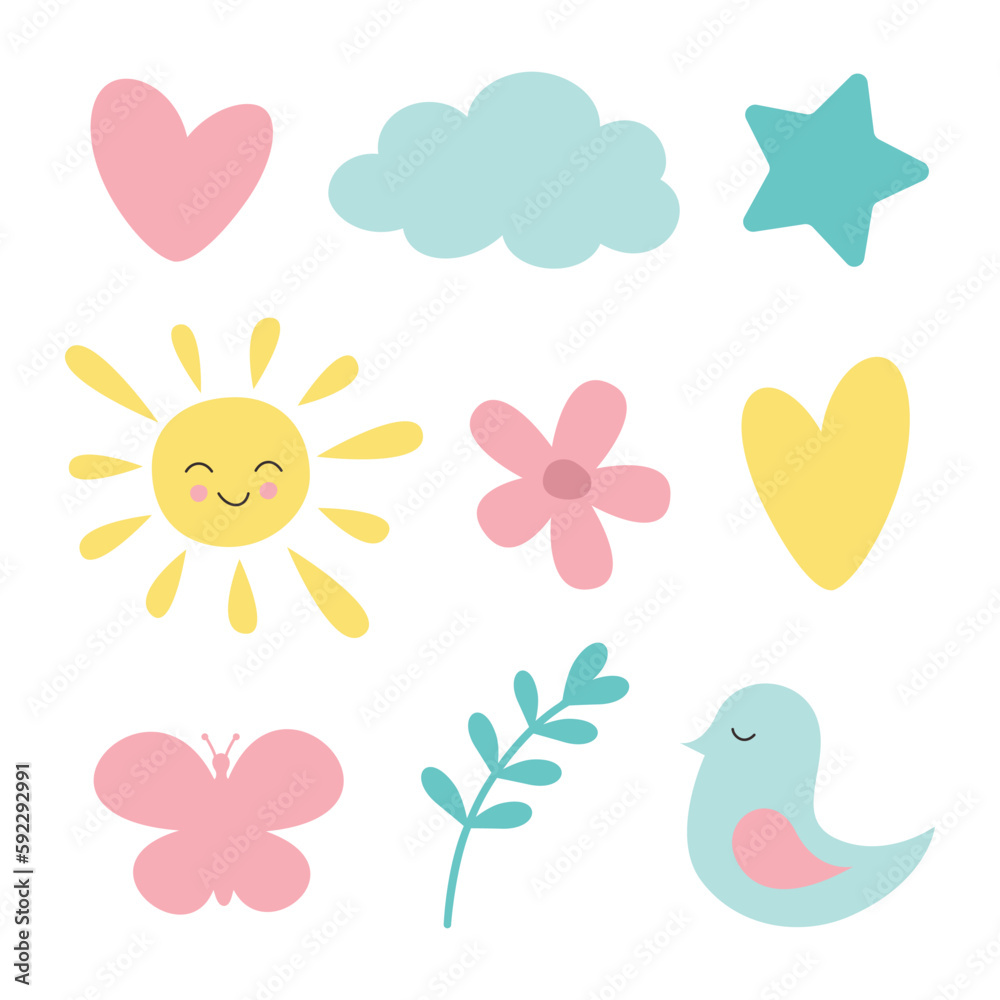 Cartoon vector illustration with cloud, sun, hearts, flower, butterfly, birdie.