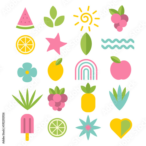 A set of fruits, flowers, leaves, the sun in the form of geometric shapes. Vector illustration