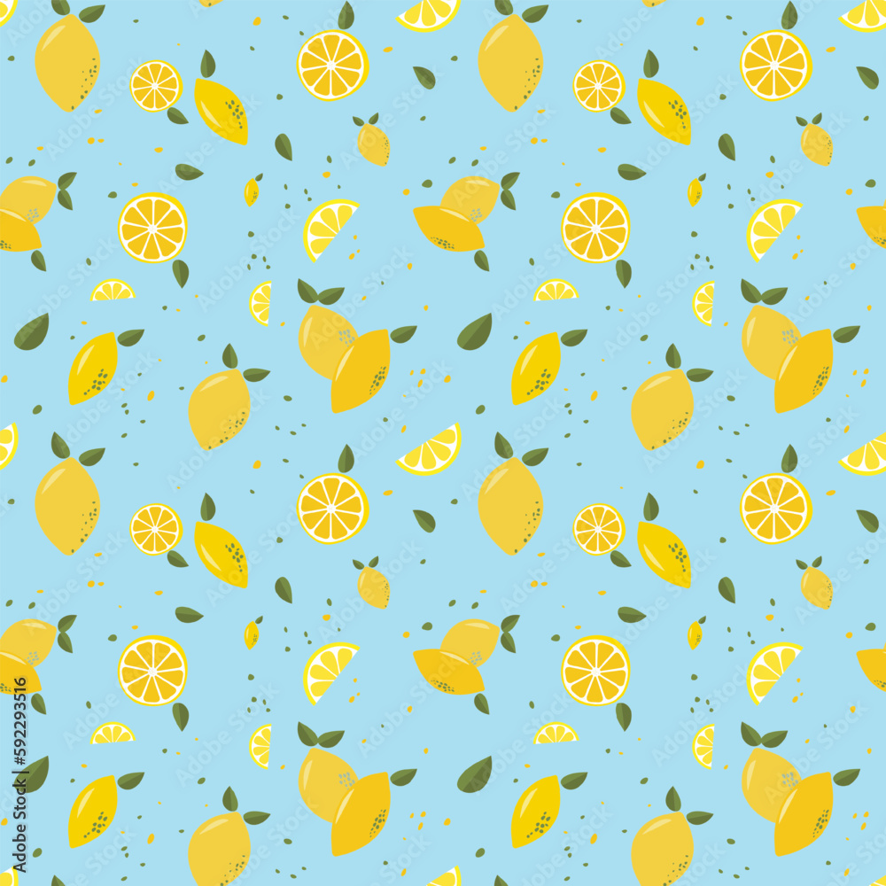 Lemon seamless vector illustration. Summer design. Juicy lemons against a gentle blue background Lemon seamless vector illustration. Summer design. Juicy lemons against a gentle blue background