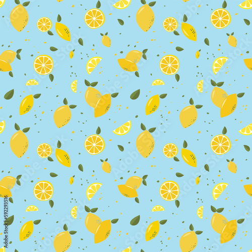 Lemon seamless vector illustration. Summer design. Juicy lemons against a gentle blue background