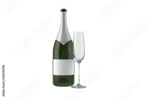 Champagne bottle with flute against white background