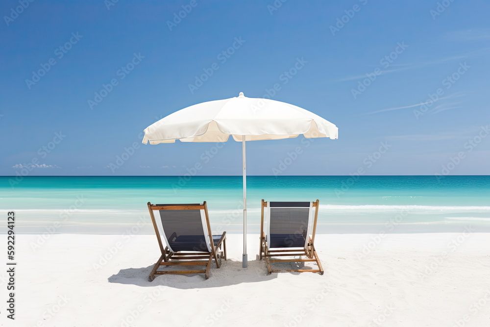 Beautiful beach with white sand, chairs and umbrella, beautiful beach landscape Beautiful beach with white sand, chairs and umbrella, beautiful beach landscape
