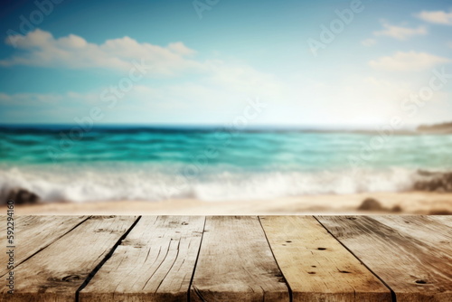 Wooden board with blur beach and sea