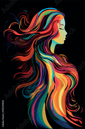 Silhouette of a girl with long curly hair, multi-colored. Beautiful long wavy hair style. Vector. Side view on a black background. Wavy haircut 