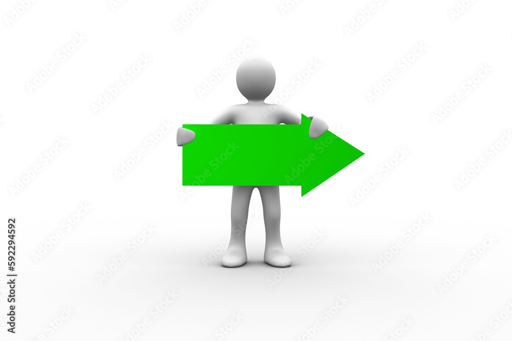 Human representation holding green arrow sign Human representation holding green arrow sign