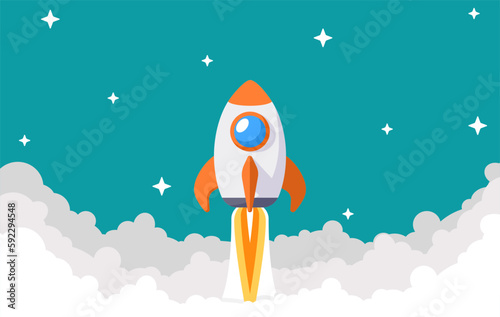 Cartoon Rocket Ship soars above the cloud at power speed. Startup Project New Business idea concept for presentation, banner, poster, and background. Vector illustration Flat design.