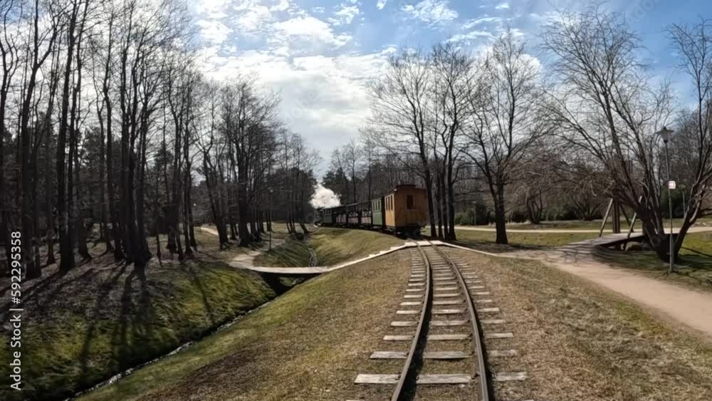  Passenger train with carriages gone .Park travel, nature