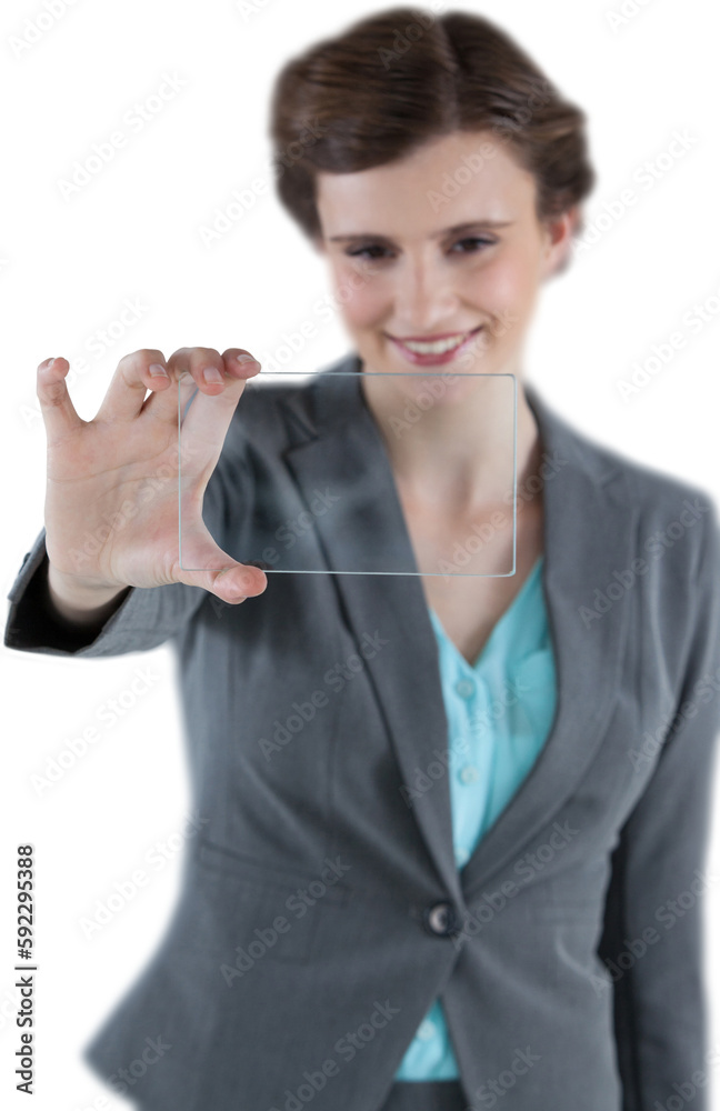 Businesswoman pretending to hold imaginative glass mobile phone Businesswoman pretending to hold imaginative glass mobile phone
