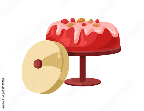 Mousse cake covered with mirror glaze, yoghurt cream. Sweet dessert with fruit, berry flavour, served on dish, stand. Confectionery food. Flat graphic vector illustration isolated on white background