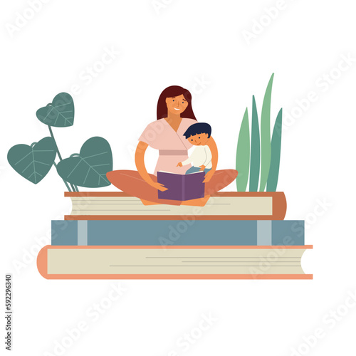 Happy Mother and son sitting on giant stack of books together read book. Flat vector illustration © Maria Gerasimova