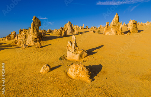 Pinnacles Desert in Western Australia: whimsical limestone formations under blue sky
 photo