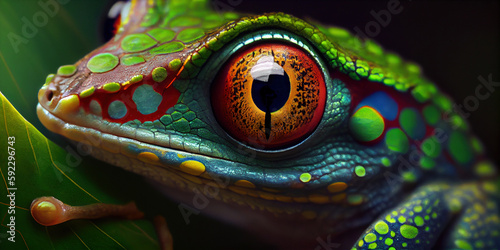portrait of tree frog close-up, panoramic image. Generative Ai