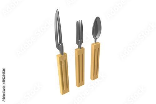 Table knife with fork and spoon with wooden handle 