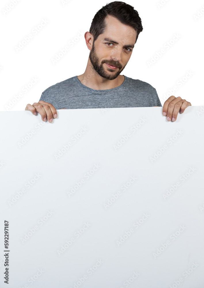 Portrait of young man with cardboard against white background Portrait of young man with cardboard against white background