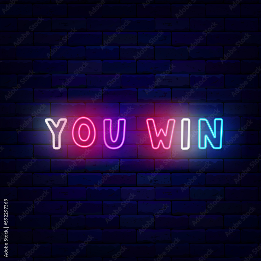 You win neon typography label. Handwritten funny kids text. Winnig and casino concept. Vector stock illustration