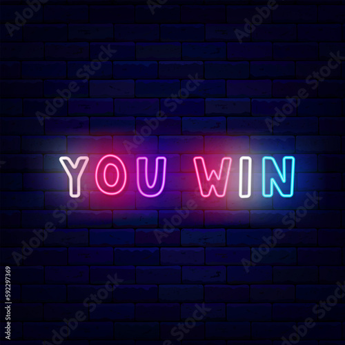You win neon typography label. Handwritten funny kids text. Winnig and casino concept. Vector stock illustration