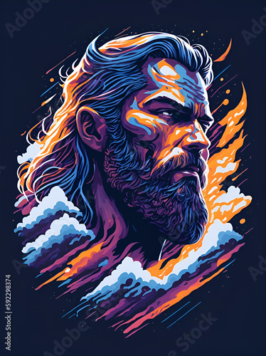 Portrait of Thor God in clouds. Concept poster. AI generated illustration