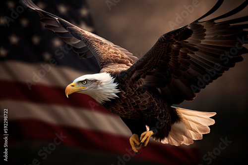 Bald eagle soaring with American flags trailing behind in the sky