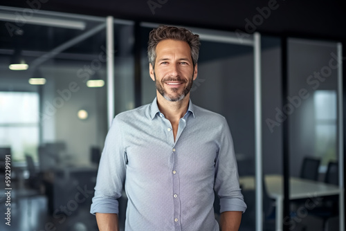Man with suit in modern office with glass walls - theme business, success or career or manager- Generative AI © Steffen Kögler