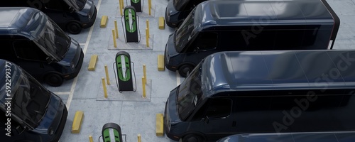 Overhead high angle shot of fleet modern electric EV delivery vans standing in company parking garage near charging stations. Realistic 3d rendering