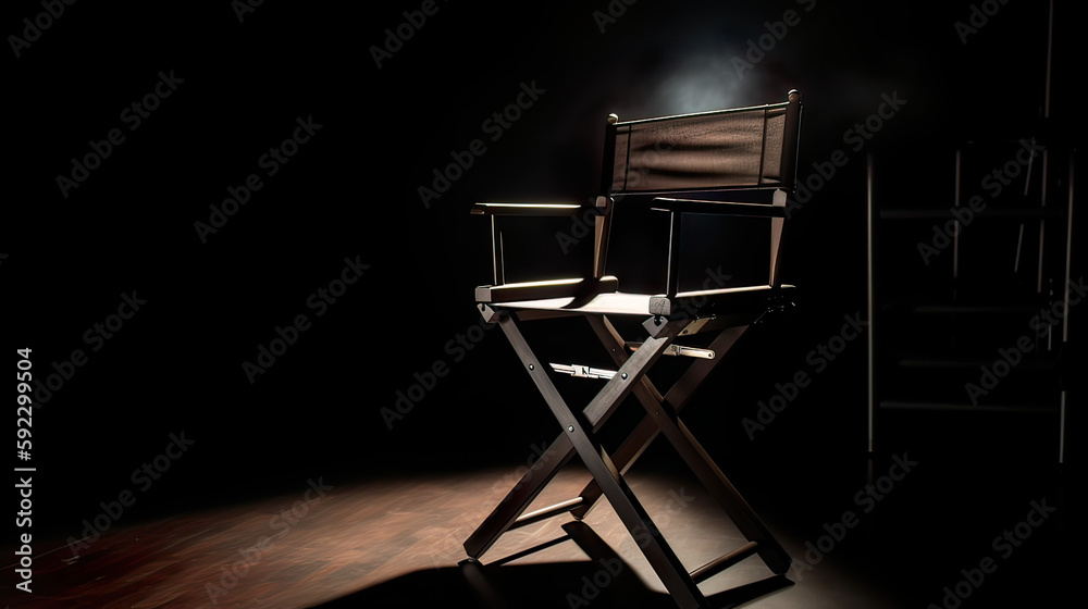 The director's chair stands in a beam of light with an backlight. Free chair. Concept of
