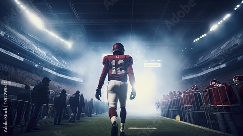 American Football Star Running Out to Epic Super Bowl Game on Glowing Football Field: Generative AI © AIGen