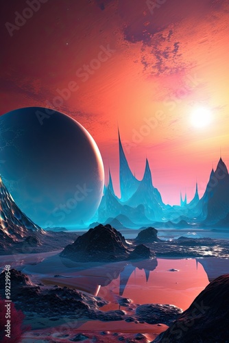 Astonishing Generative Alien Planet Landscape - A Colorful Fantasy Art along Blue Cosmos of Space, Galaxy and Universe: Generative AI © AIGen