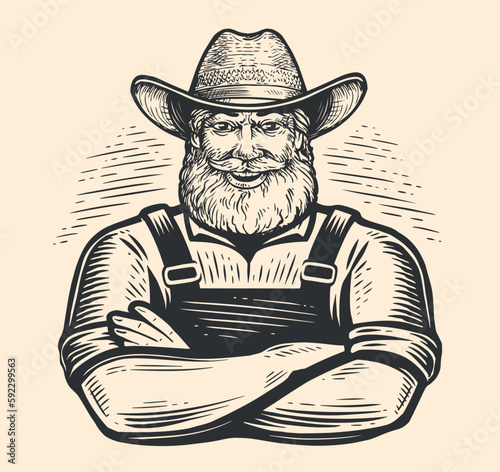 Happy farm worker in hat emblem. Smiling senior farmer with arms crossed. Hand drawn sketch vector illustration