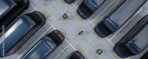Overhead high angle shot of fleet modern electric EV delivery vans standing in company parking garage near charging stations. Realistic 3d rendering