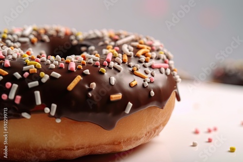 Delicious Close Up of Baked Donut Sprinkled with Chocolate Icing, Generative AI