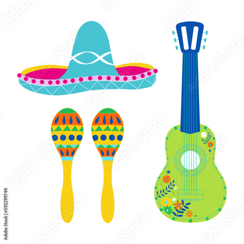 Set of vector illustration: guitar, sombrero, and maracas. Festive isolated objects for Mexican national holiday and events decoration
