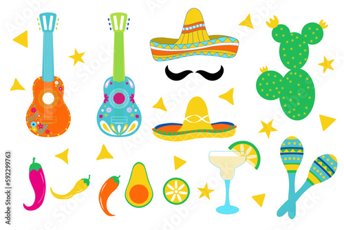 Set of vector illustration: guitar, sombrero, maracas. margarita and spices. Festive isolated objects for Mexican national holiday and cuisine decoration