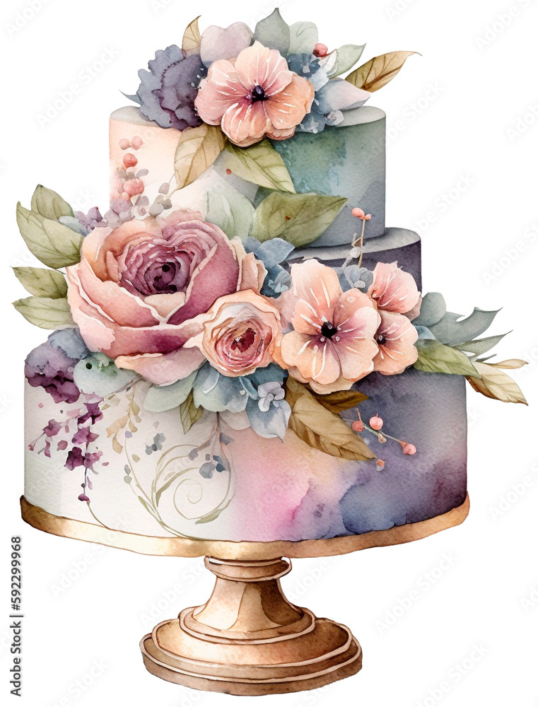 Large tiered watercolor wedding cake with flowers. Cake on stand ...