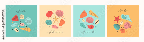 Set of summer modern backgrounds with hand draw colorful seashells, starfish and hand written text. Beautiful summer holidays posters. Vector templates for card, banner, invitation, social media post.